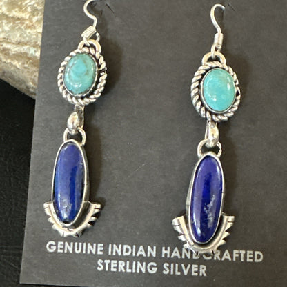 Navajo Turquoise Blue Lapis Sterling Silver Dangle Earrings 18186
