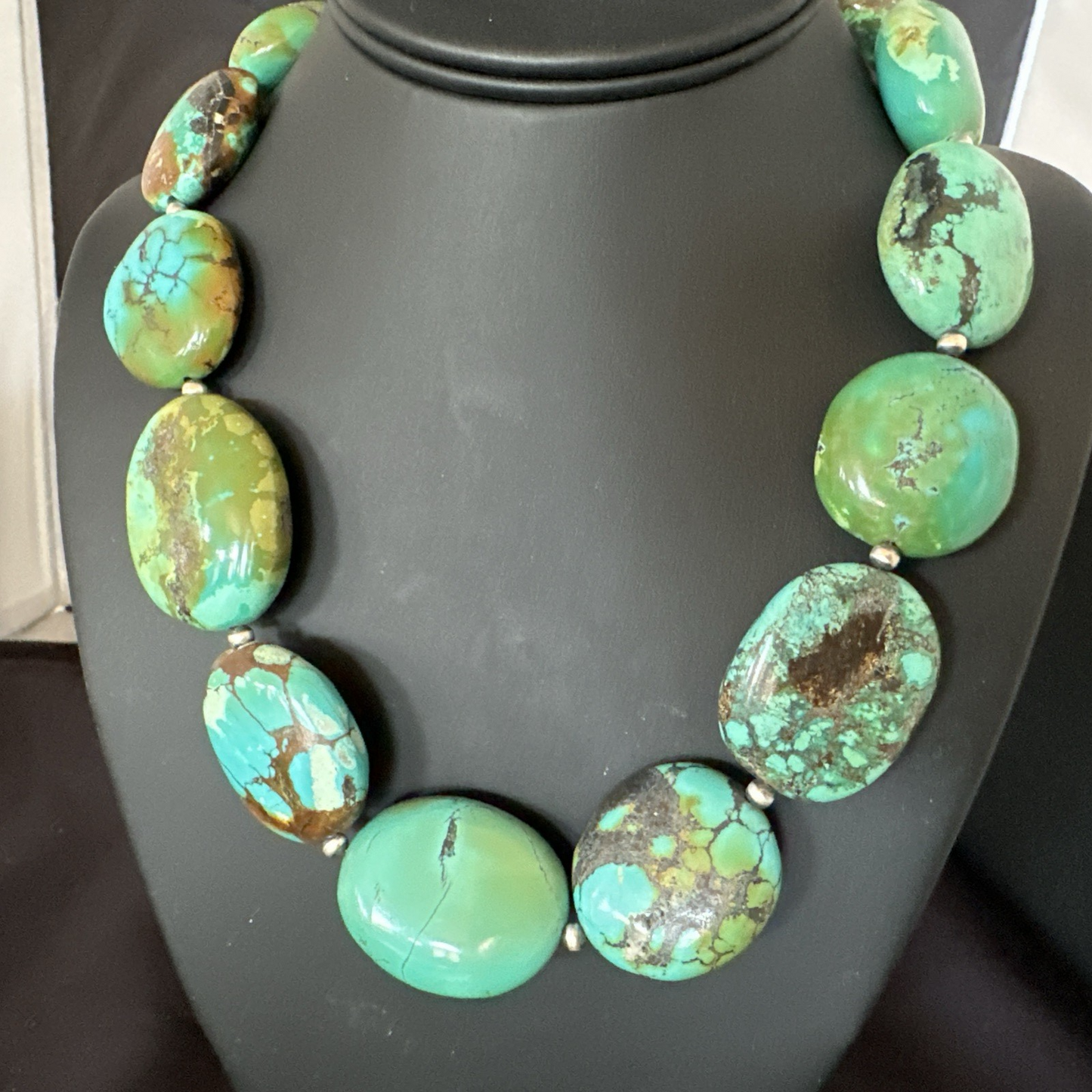 Blue Green Turquoise Nugget Chunky Navajo Sterling Silver Necklace 20” 19250