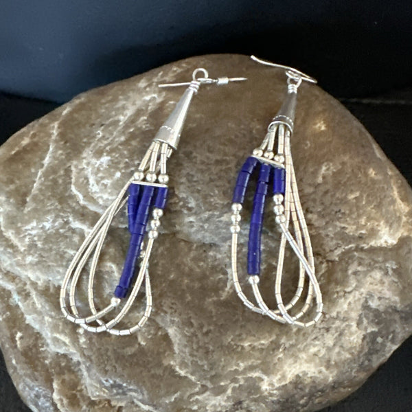 Blue Lapis 3S Heishi Liquid Dangle Earrings | Sterling Silver | Authentic Native American Handmade | 18099
