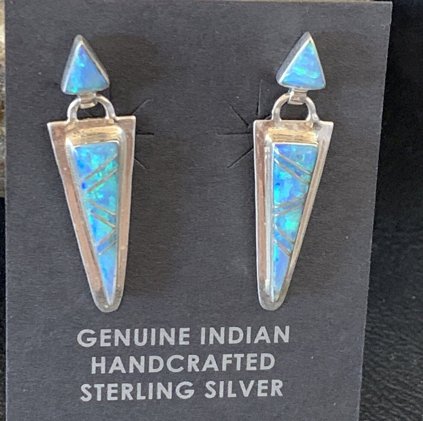 Native Womens Blue Opal Inlay Navajo Sterling Silver Dangle Earrings 12777