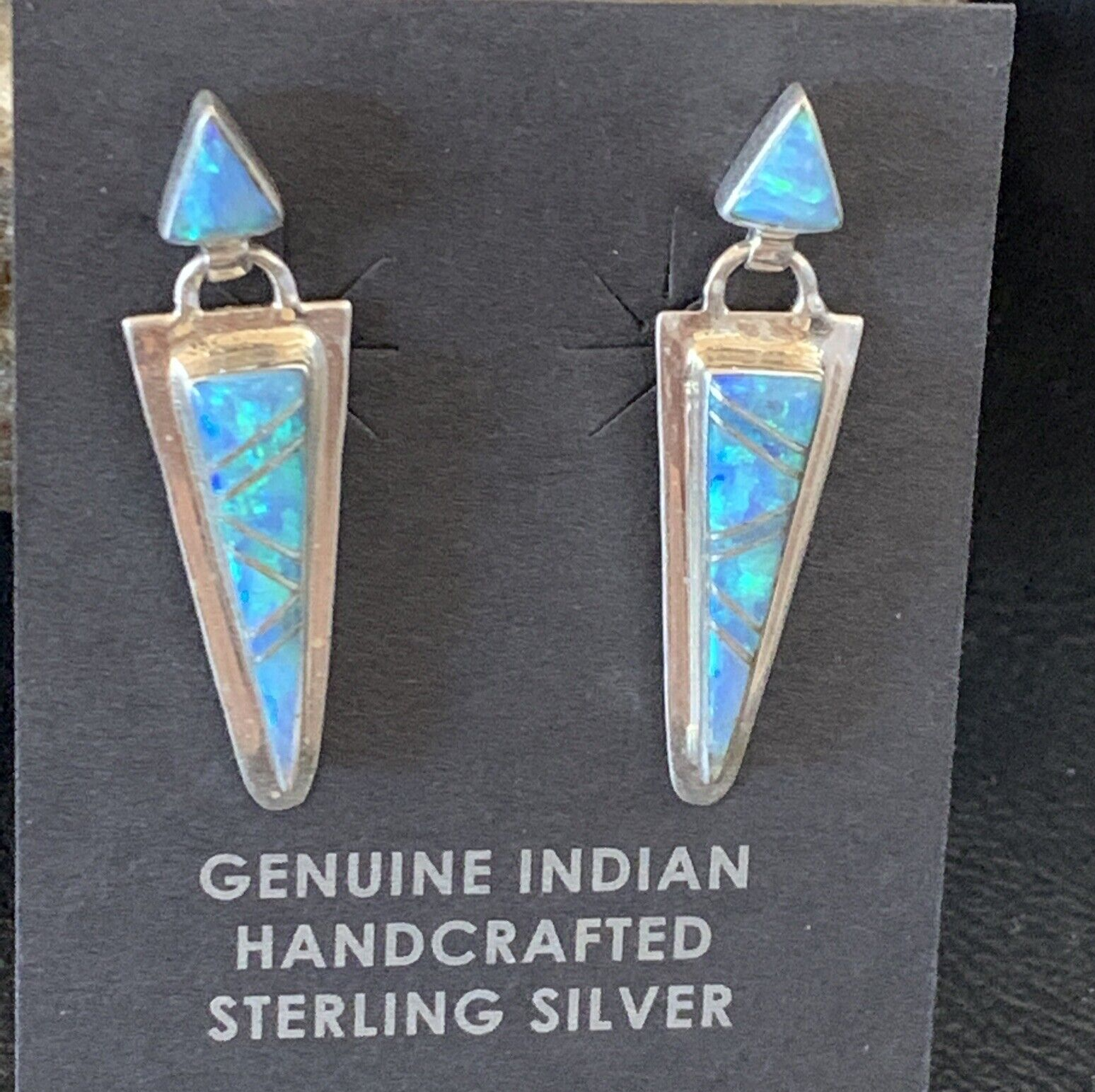 Native Womens Blue Opal Inlay Navajo Sterling Silver Dangle Earrings 12777
