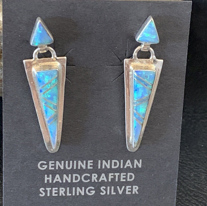 Native Womens Blue Opal Inlay Navajo Sterling Silver Dangle Earrings 12777