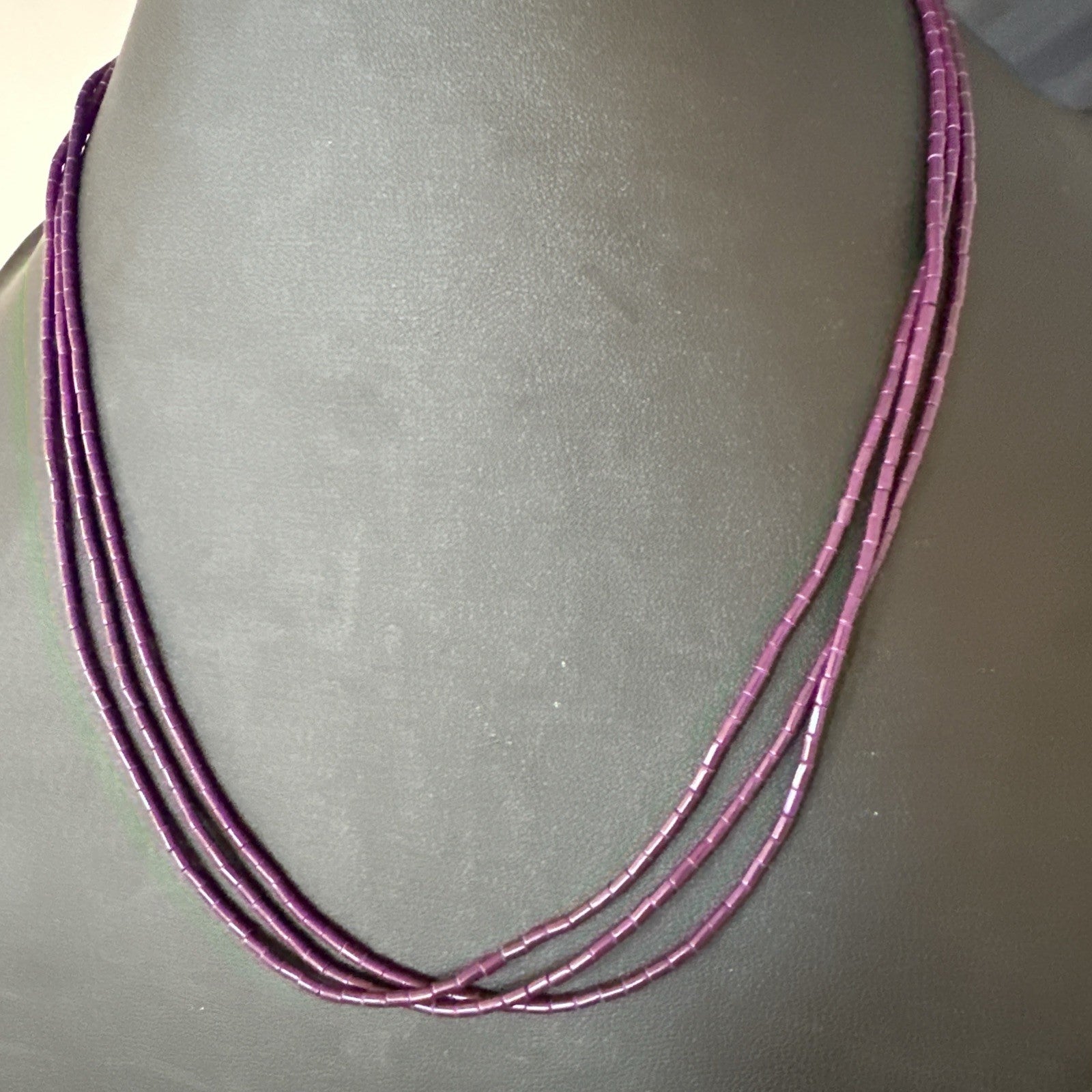 Purple Stone Heishi Bead Stabilized 3 Strand Sterling Silver Necklace 19702
