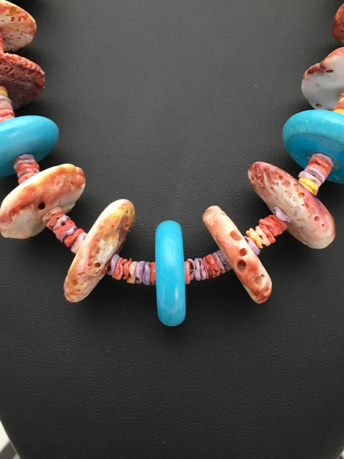 Spiny Oyster & Turquoise Navajo Indian Sterling Silver Necklace 02910