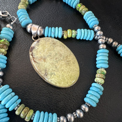 Green Gaspeite Pendant Blue Turquoise Navajo Sterling Silver Necklace 20" 19666