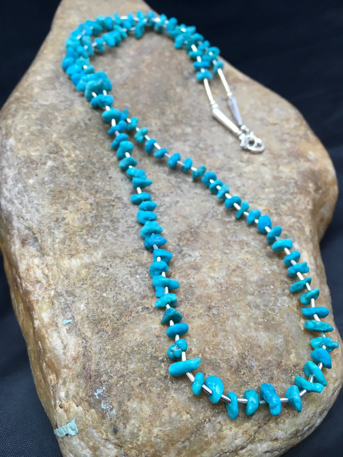 Blue Nugget Turquoise Navajo Sterling Silver Heishi Necklace 19" 08959