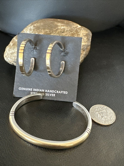 WoMens Navajo Sterling Silver 14K Gold Cuff Bracelet Earrings 18199