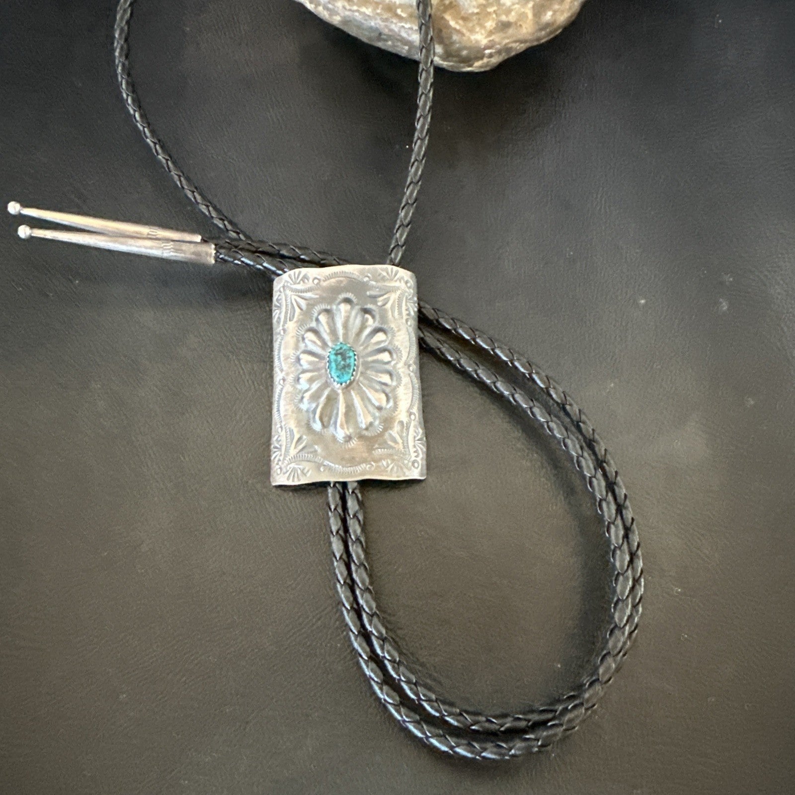 Mens Stamped Bolo Tie Blue Kingman Turquoise Navajo Sterling Silver 2” 19301