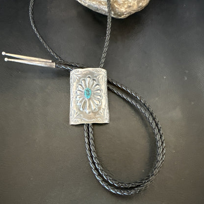 Mens Stamped Bolo Tie Blue Kingman Turquoise Navajo Sterling Silver 2” 19301
