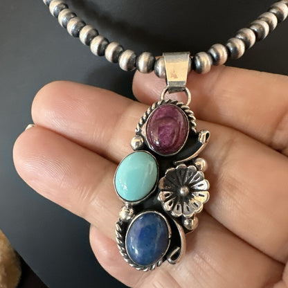 Multicolor Turquoise Lapis Navajo Sterling Silver Cluster Pendant Necklace 19246