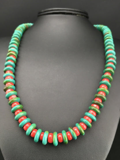 Native Mens Turquoise & Coral Bead Navajo Sterling Silver Necklace 22" 3712