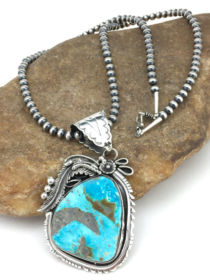 Kingman Turquoise Pendant Navajo Pearls Sterling Silver Necklace 04819