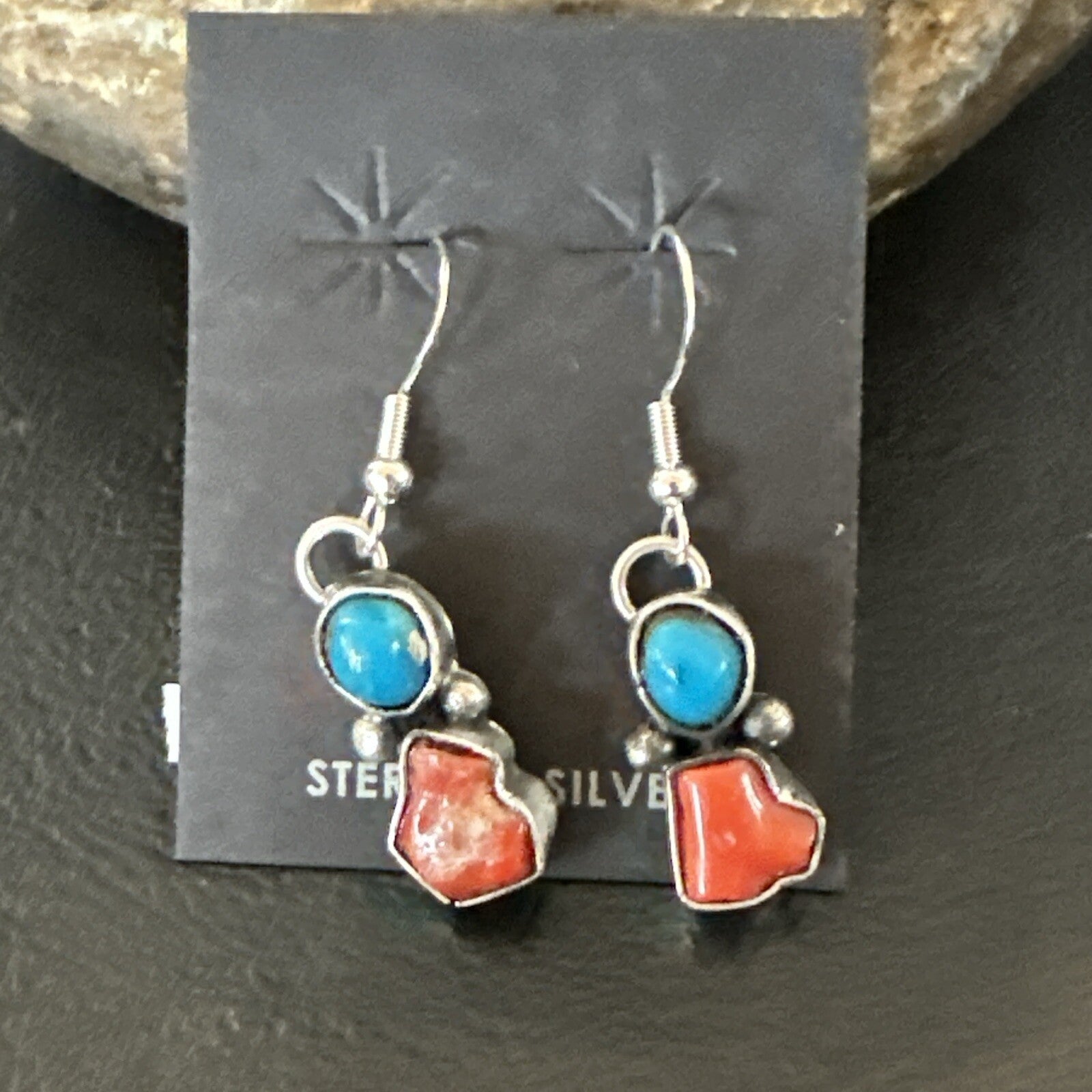 Handmade Blue Turquoise Red Coral Sterling Silver Navajo Dangle Earrings 18839