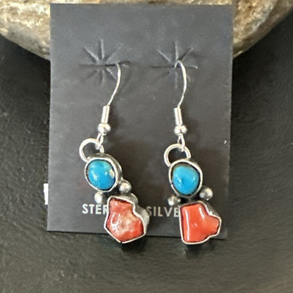 Handmade Blue Turquoise Red Coral Sterling Silver Navajo Dangle Earrings 18839