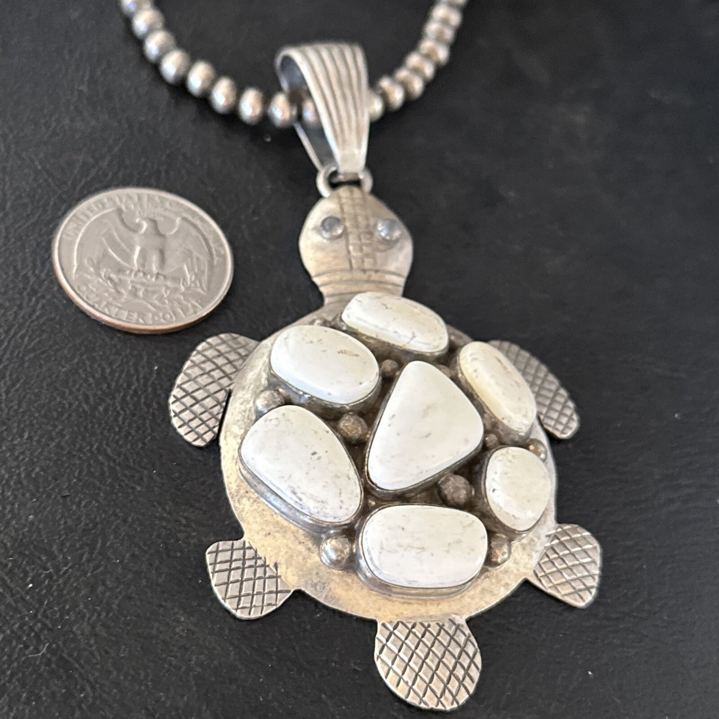 CLUSTER Turtle Navajo White Buffalo Turquoise Sterling Silver Pendant 14528
