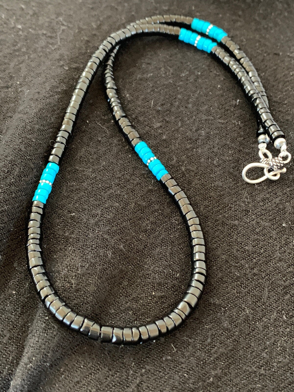 Native Mens Blue Turquoise Heishi Onyx Necklace Navajo Sterling Silver 8823