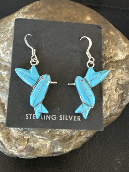Blue Turquoise Navajo Sterling Silver Hummingbird Dangle Earrings 1424