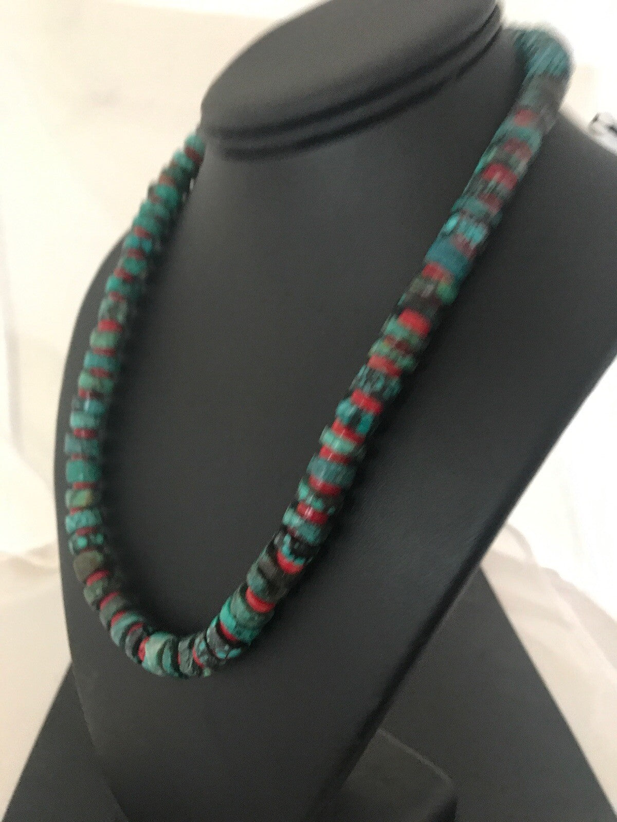 Navajo Mens  8mm Sterling Silver Heishi Blue Green Turquoise Coral Necklace A3