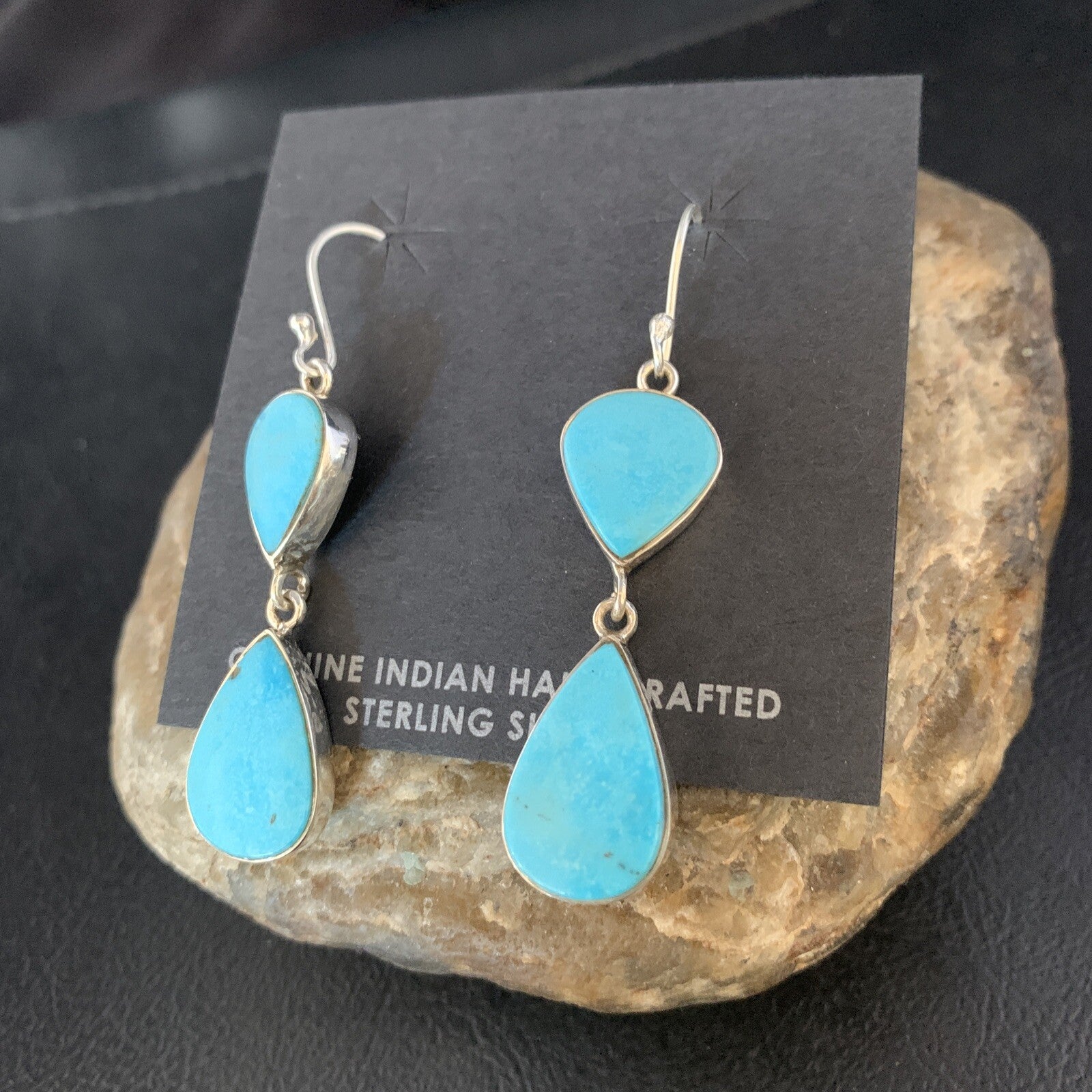 Kingman Turquoise Handmade Navajo Sterling Silver Dangle Earrings 1.75" 13897