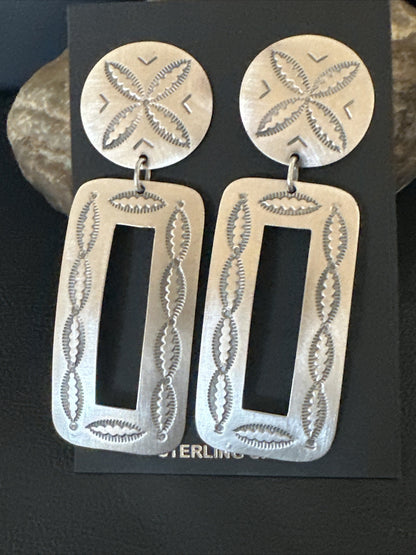 Popular Navajo Stamped Sterling Silver Stamped Handmade Earrings Set 2.75" 17858