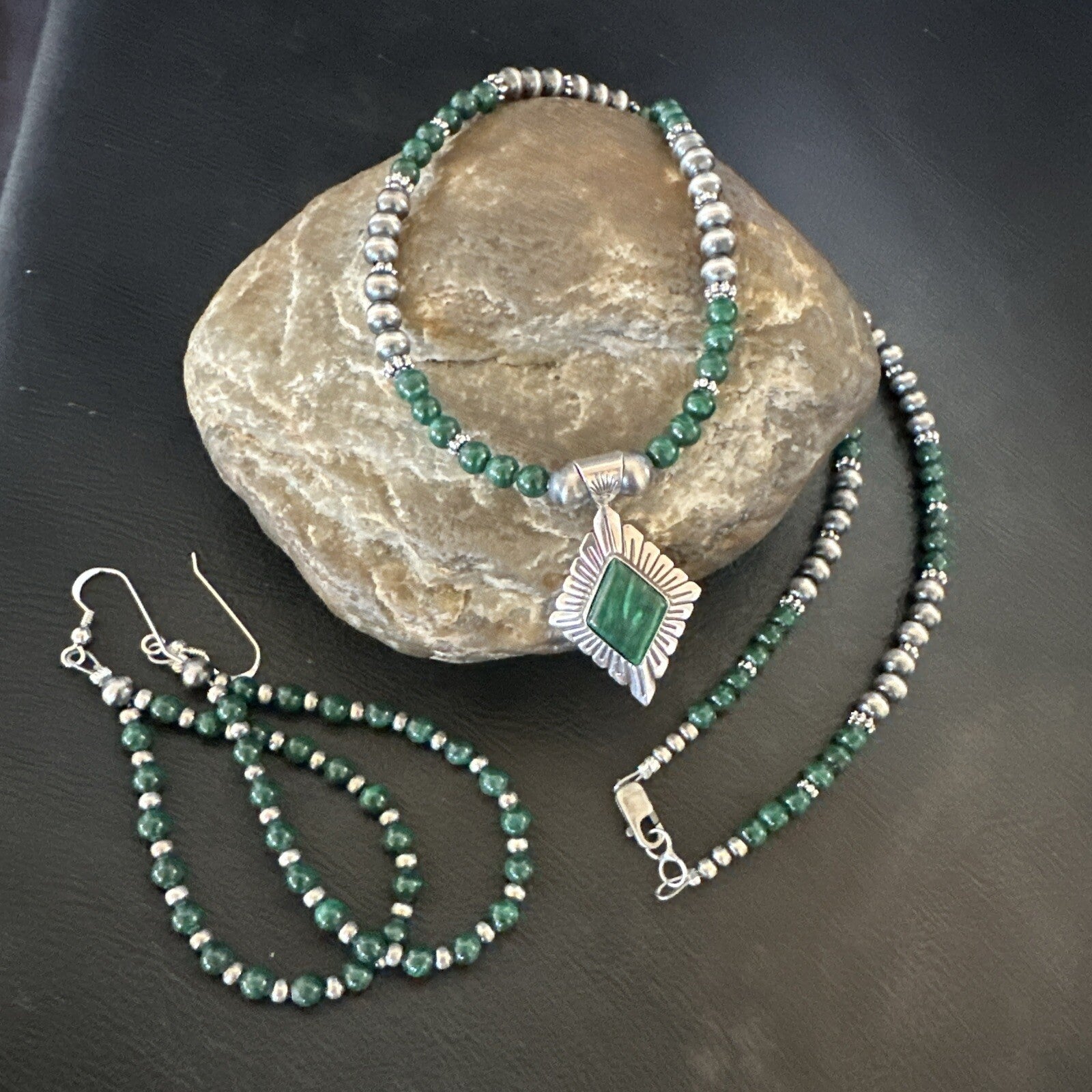 Womens Green Malachite Pendant Navajo Sterling Silver Necklace Earrings 18374