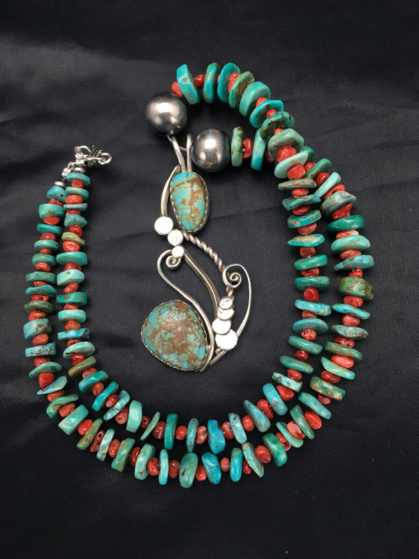 Turquoise #8 Spiny Oyster Pendant Navajo Necklace 22" | Sterling Silver | Authentic Native American Handmade | 02635