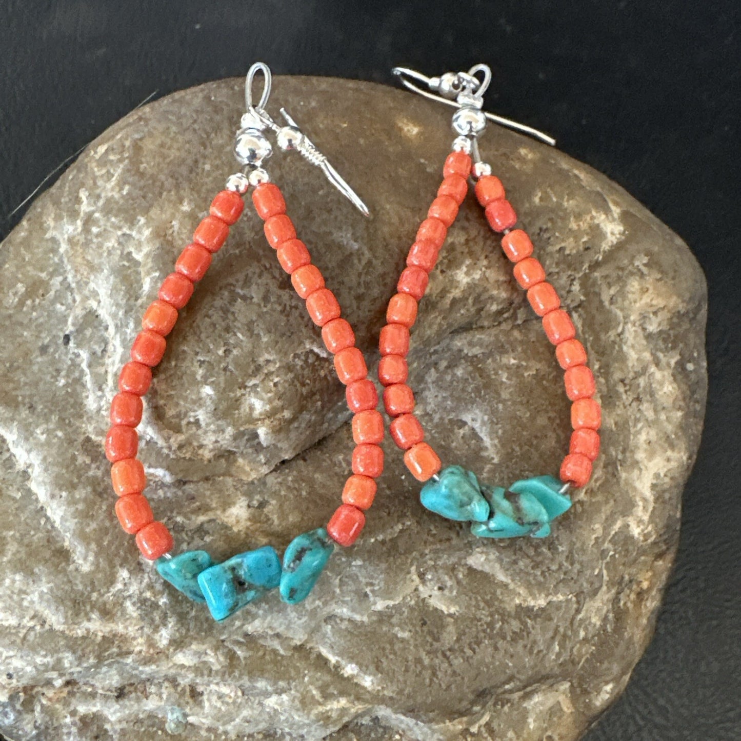 Blue Turquoise Coral Navajo Sterling Silver Earrings 2” 18833