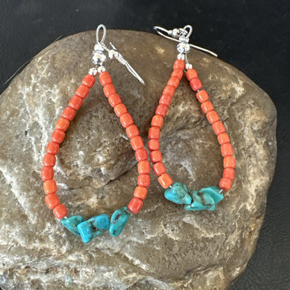 Blue Turquoise Coral Navajo Sterling Silver Earrings 2” 18833
