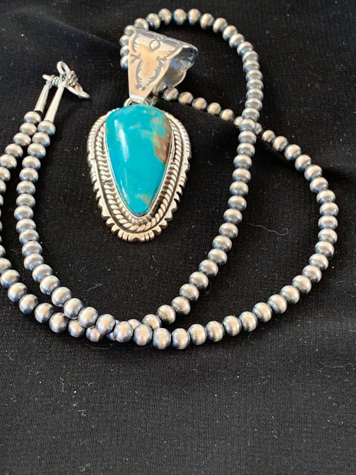Navajo American Sterling Silver Kingman Turquoise Necklace Pendant Set 02992