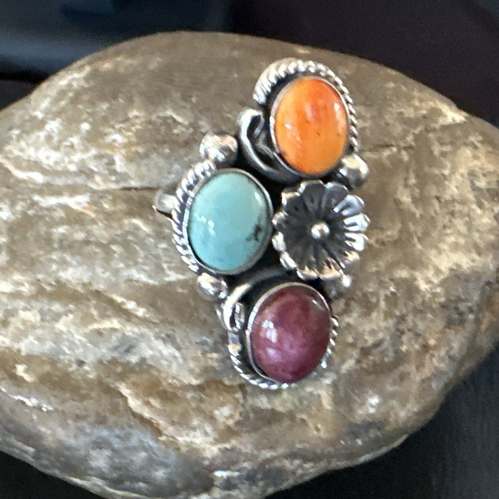 Multicolor Ring Turquoise Spiny Navajo Sterling Silver Cluster Size 8.5 19167