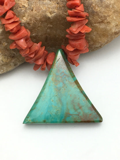 Native Kingman Turquoise Pendant Coral Brass Old Pawn Necklace 19" 04029