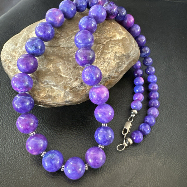 Oval Purple Stone Graduated Bead Navajo Necklace 21" | Sterling Silver | Authentic Native American Handmade | 18076