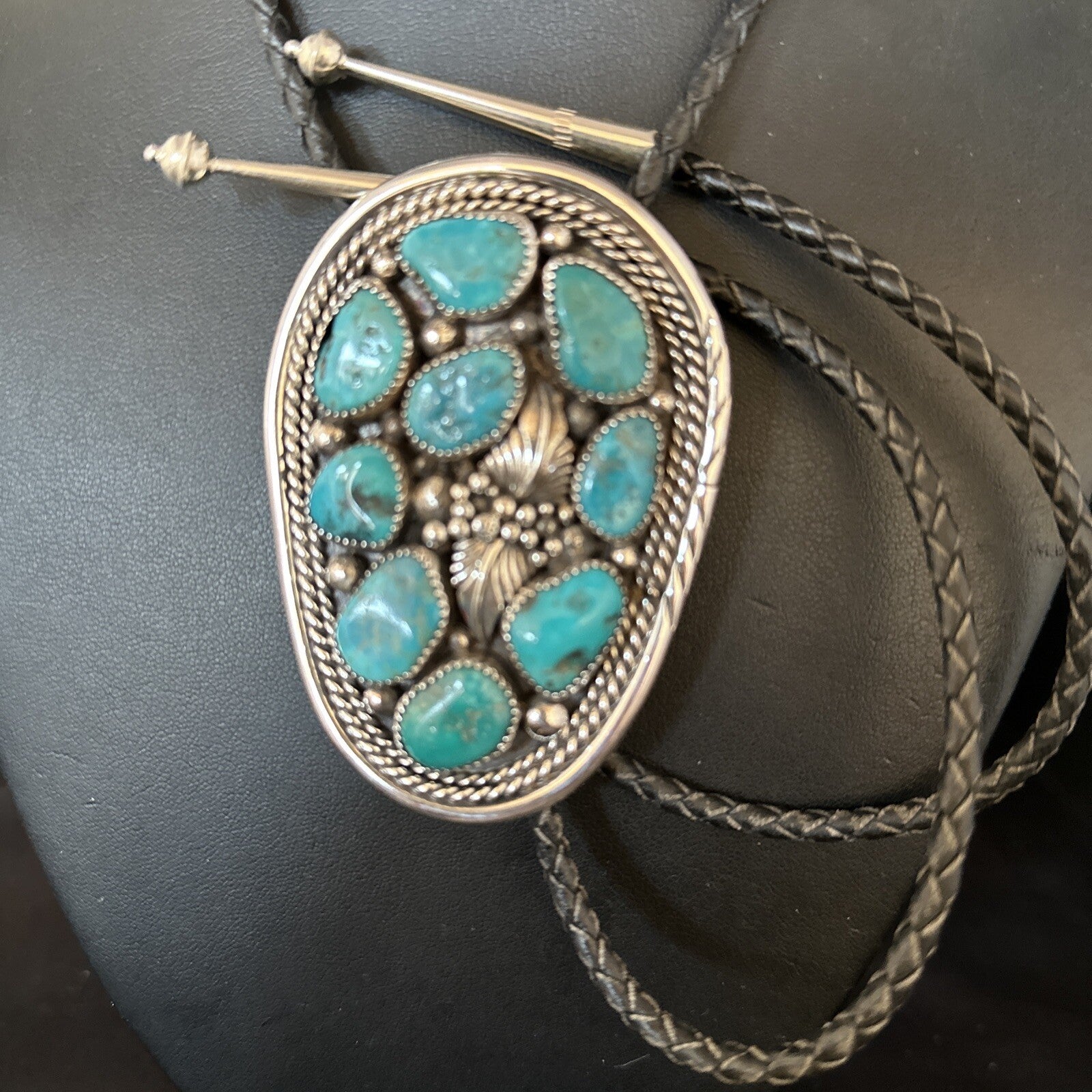Mens Bolo Tie Cluster Blue Kingman Turquoise Sterling Silver Navajo 14522
