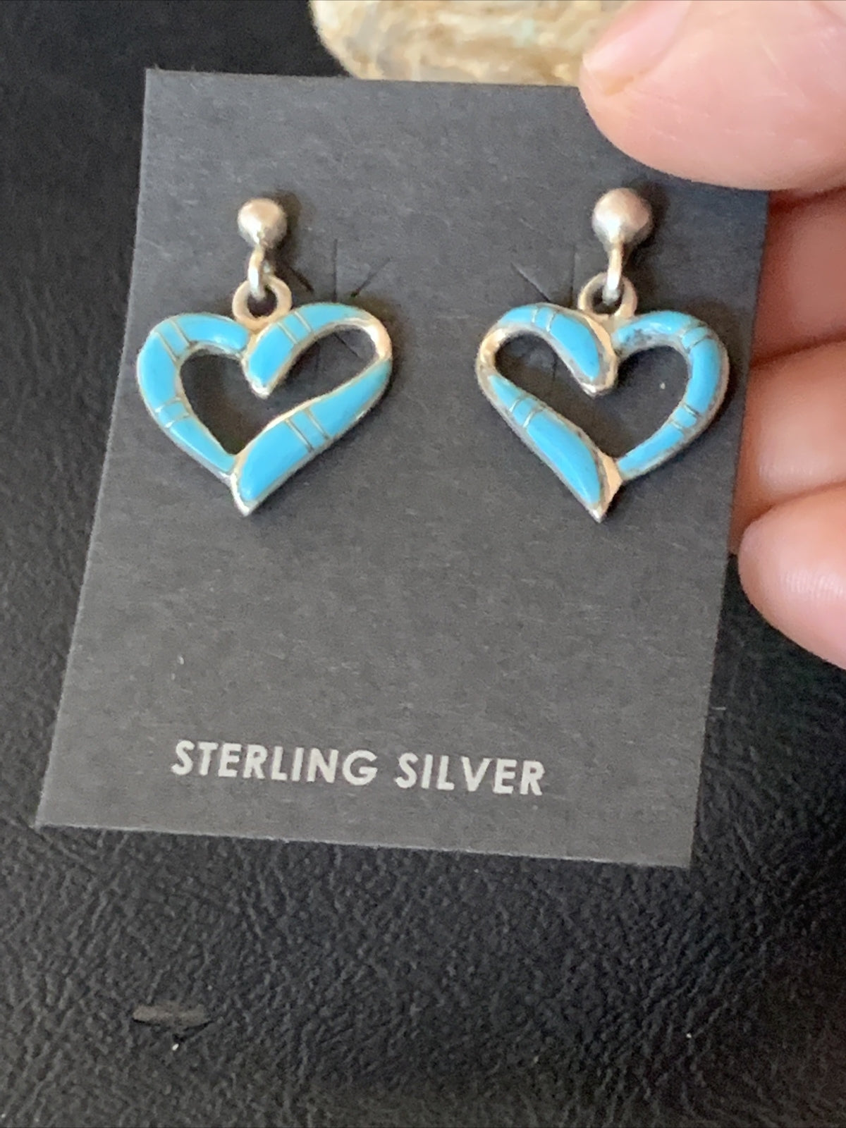 Blue Turquoise Heart Navajo Sterling Silver Dangle Post Earrings 0.5" 12714