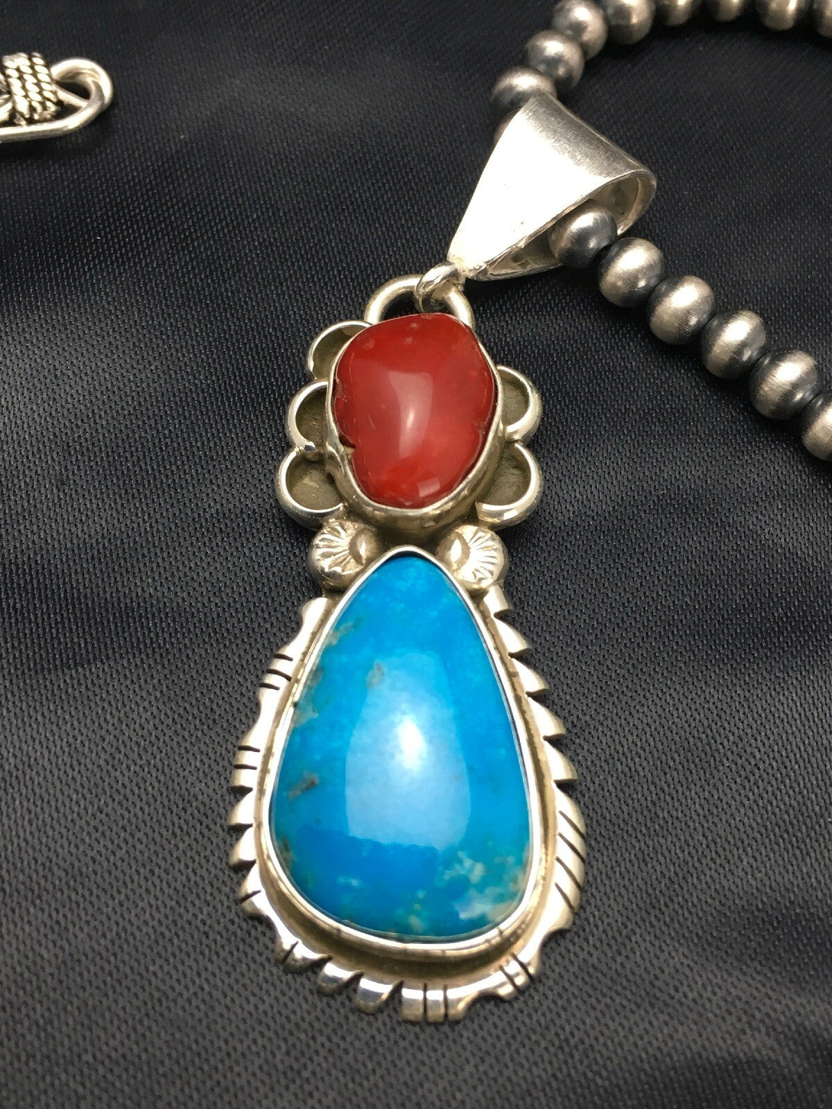 Turquoise & Coral Pendant Navajo Sterling Silver Necklace 02580