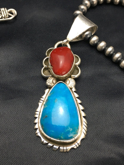 Turquoise & Coral Pendant Navajo Sterling Silver Necklace 02580