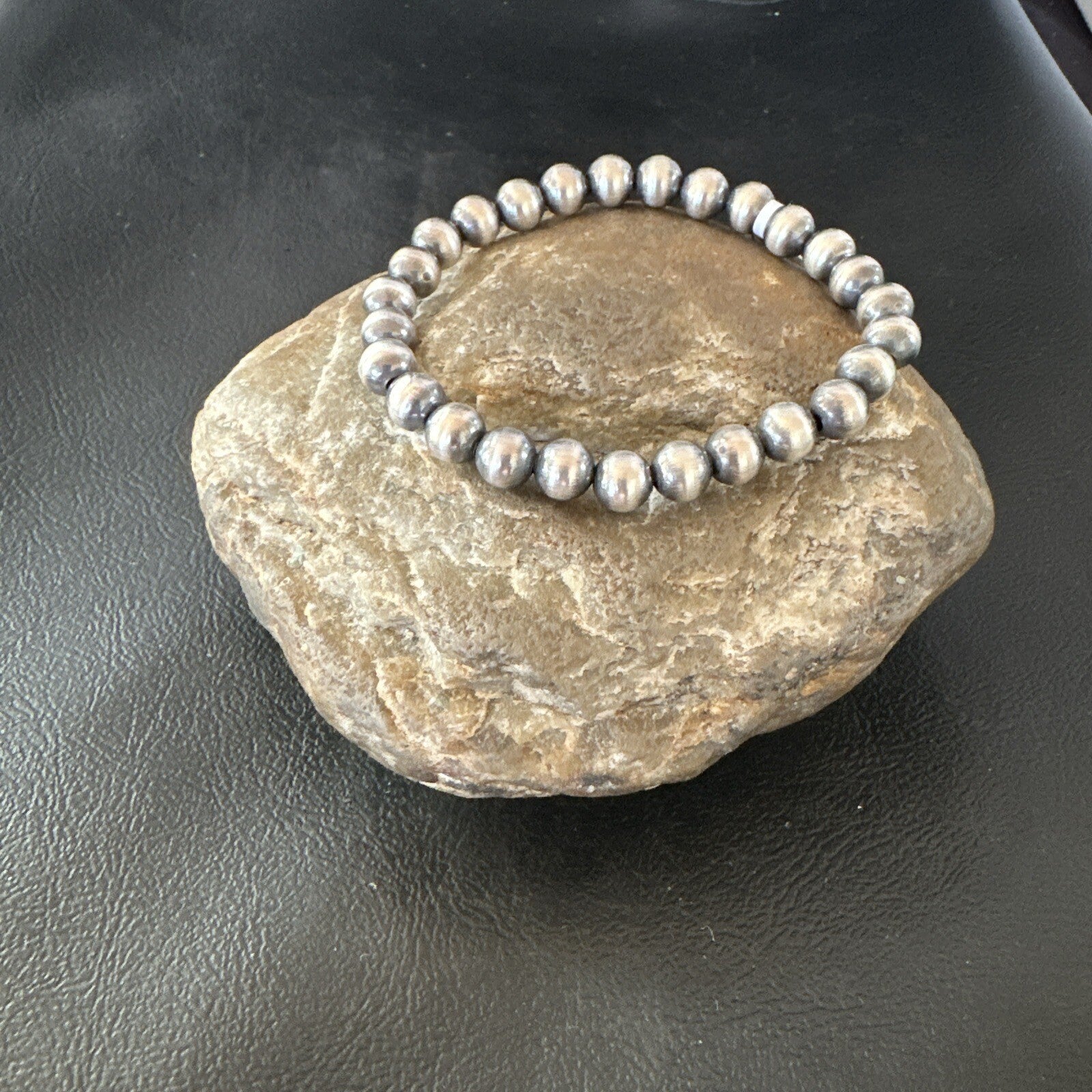Native American 7mm Beads 8” Sterling Silver Stretch Beads Bracelet 90703