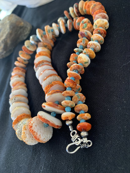 Turquoise & Orange Spiny Oyster Navajo Sterling Silver 28" Necklace 01390