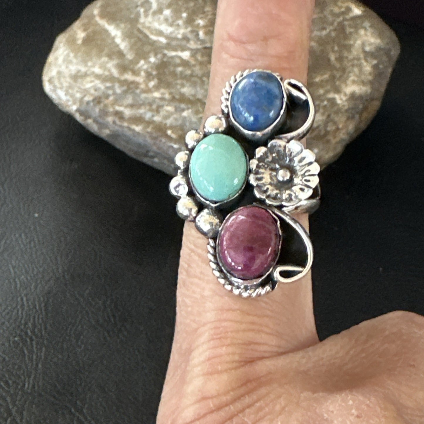 Multicolor Ring Turquoise Spiny Navajo Sterling Silver Cluster Size 8.5 19168
