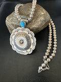 H Joe Navajo Sterling Silver Pendant Blue Kingman Turquoise Necklace 25”19443