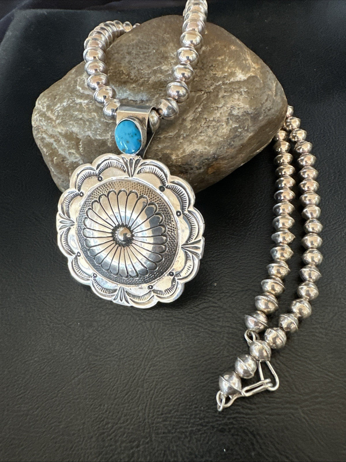 H Joe Navajo Sterling Silver Pendant Blue Kingman Turquoise Necklace 25”19443