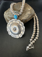 H Joe Navajo Sterling Silver Pendant Blue Kingman Turquoise Necklace 25”19443
