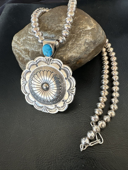 H Joe Navajo Sterling Silver Pendant Blue Kingman Turquoise Necklace 25”19443