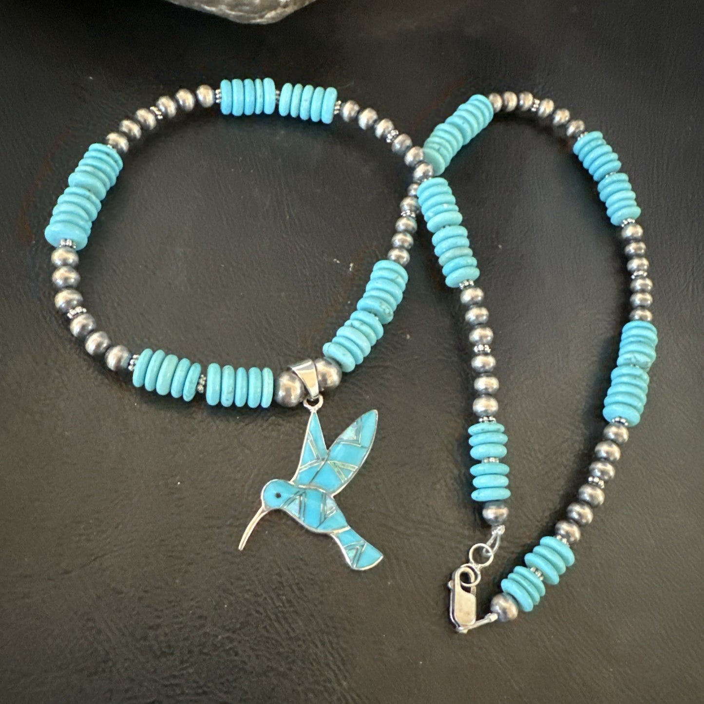 Blue Turquoise Opal HummingBird Inlay Pendant Navajo Sterling Necklace 19500