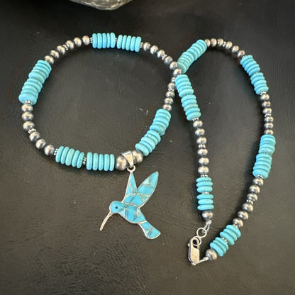 Blue Turquoise Opal HummingBird Inlay Pendant Navajo Sterling Necklace 19500