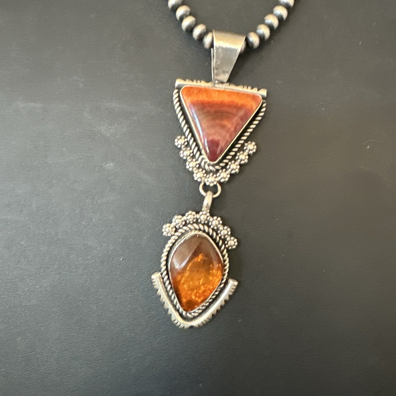 Multicolor Turquoise Spiny Navajo Sterling Silver Cluster Pendant Necklace 19684