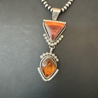 Multicolor Turquoise Spiny Navajo Sterling Silver Cluster Pendant Necklace 19684