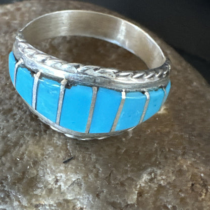 Native American Indian Navajo Blue Turquoise Inlay Band Ring Sz 8 17970