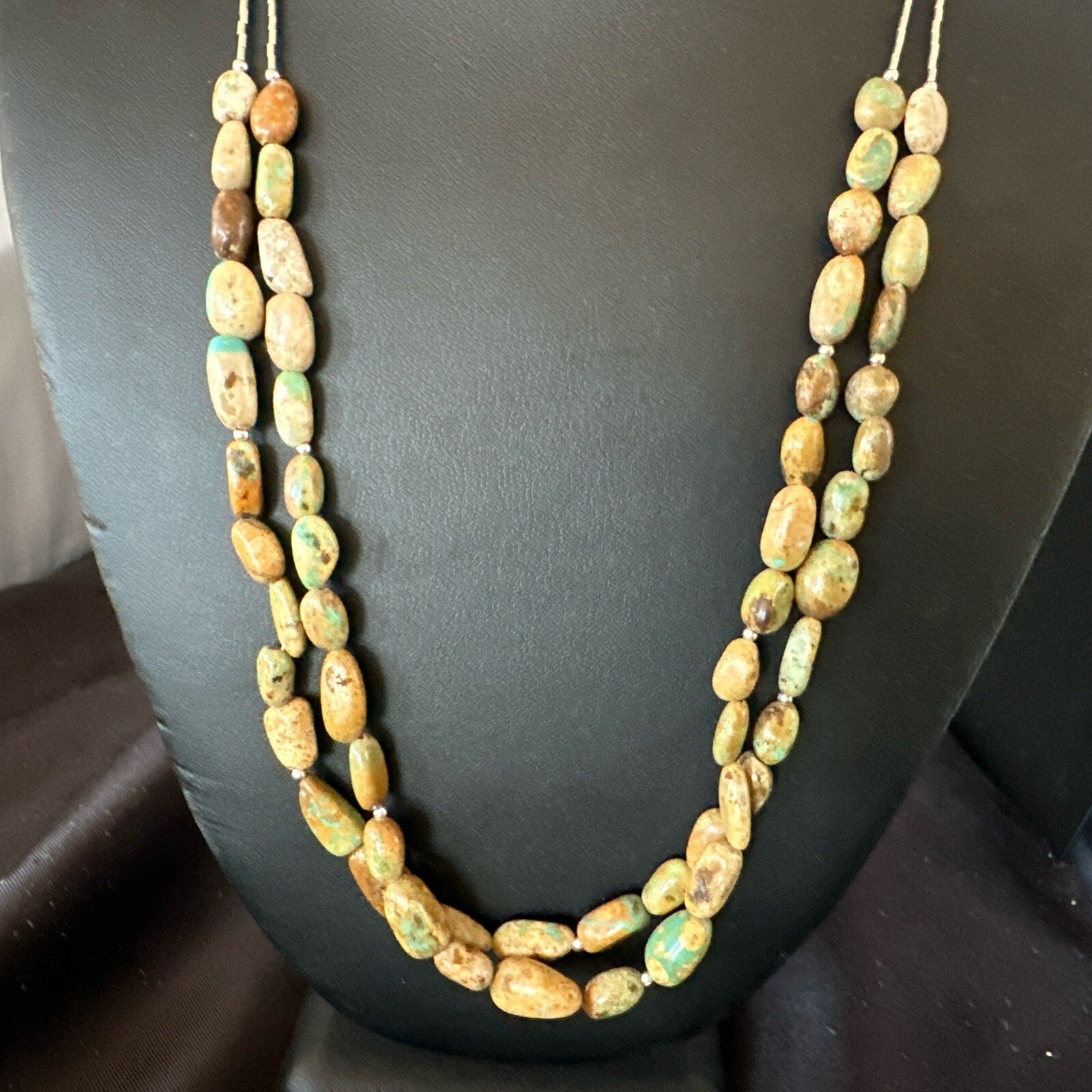 Only One Sterling Silver Heishi Green Turquoise 2 Strands Bead Necklace 18823
