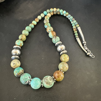 Green Turquoise Graduated Navajo Sterling Silver Necklace 21” 17782